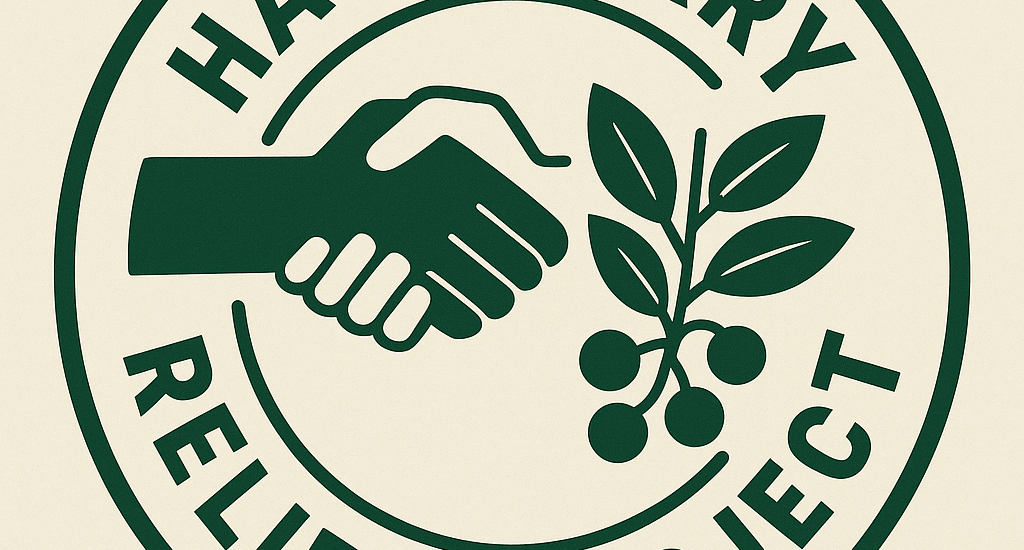“Logo for the Hackberry Relief Project featuring a bold circular emblem. Inside, a stylized handshake is shown on the left, symbolizing unity and support, while a hackberry branch with leaves and berries appears on the right, representing growth and local identity. The organization’s name arcs around the circle in strong, uppercase lettering. The color scheme is composed of dark green and off-white tones, creating a clean and community-focused visual.”
